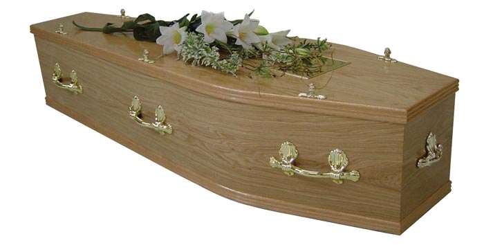 Varnished oak veneer coffin with gold handles